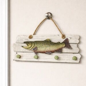 Brook Trout Resin Wall Art 4 Hooks Hanging Rack Realistic 2D Cabin Lodge Western
